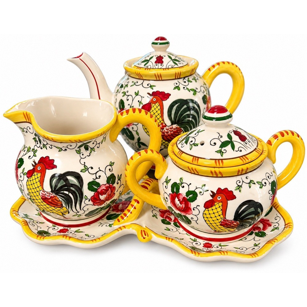 Vintage Early Provincial Japan Rooster Tea Set Teapot Creamer Sugar Tray